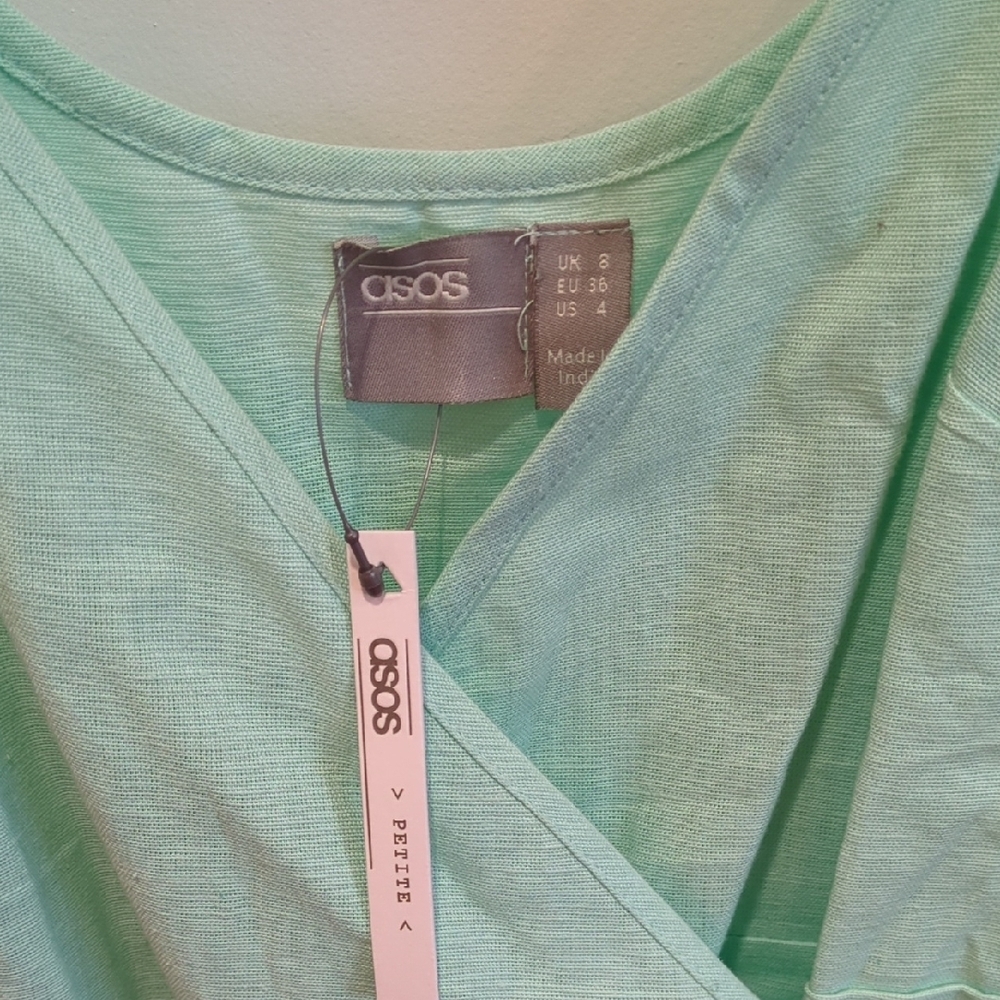Beach Boho Coastal Cowgirl NWT ASOS Mint Green Wrap Mini Dress Cotton Linen US 4 - Picture 2 of 9